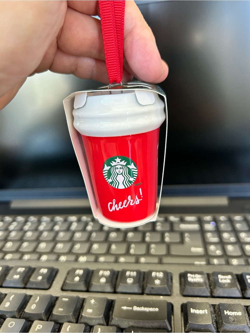 Starbucks Red and White Mini Travel Cup Ornament with Green Logo